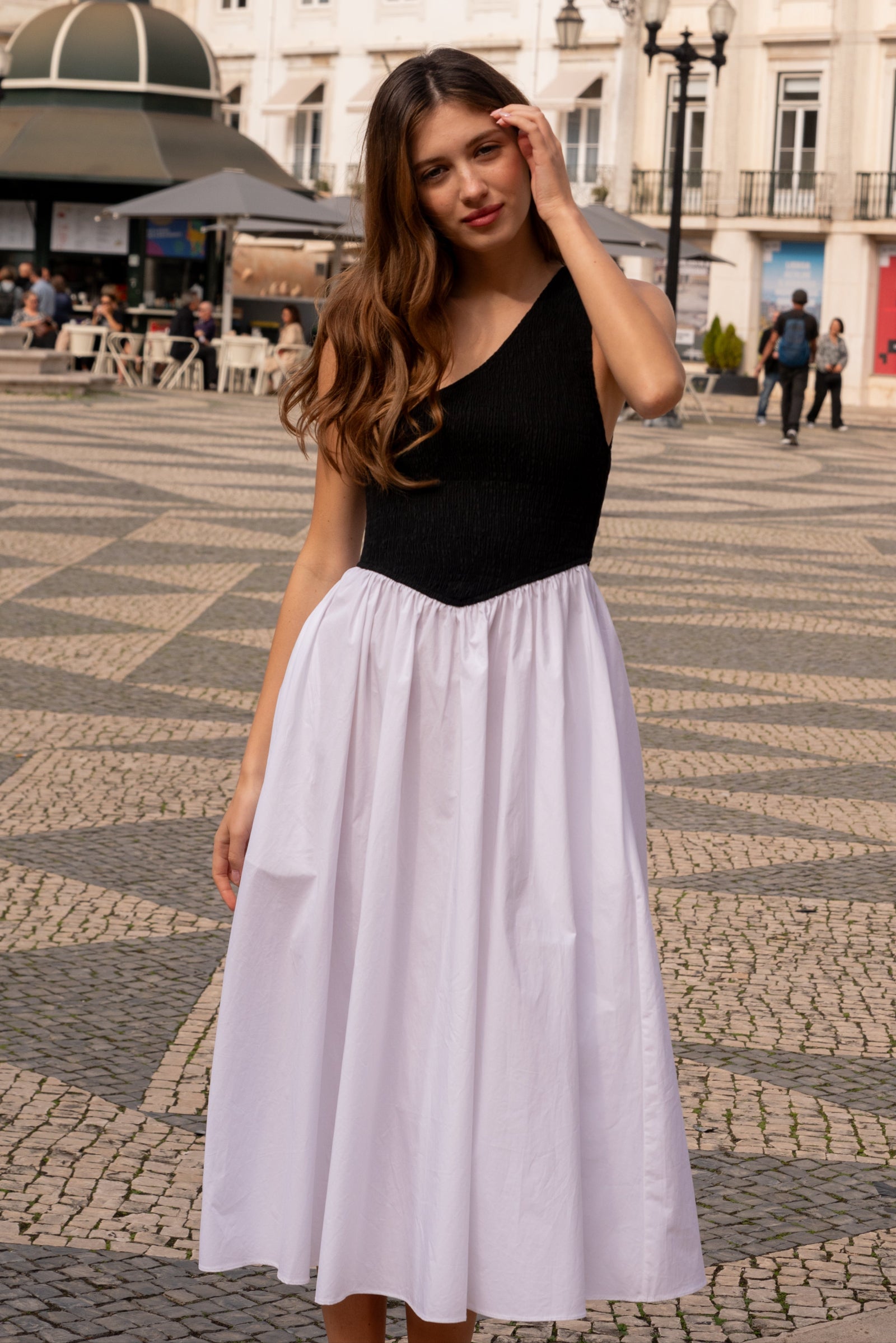 Bianca Smocked One Shoulder Midi Dress In Black And White