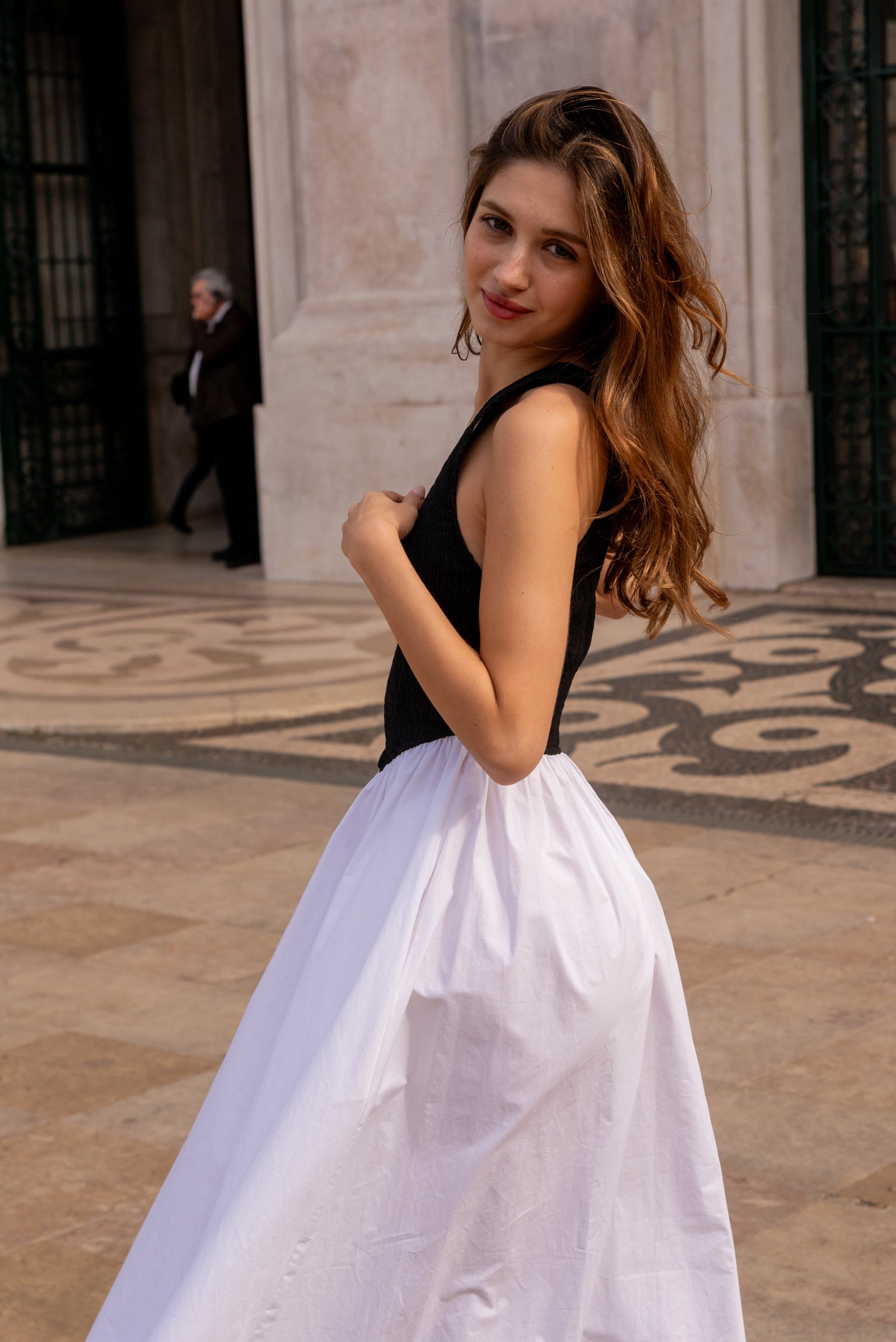 Bianca Smocked One Shoulder Midi Dress In Black And White