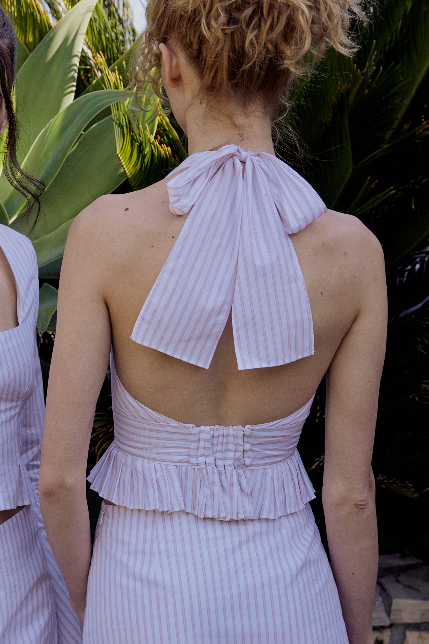 Cher Pleated Peplum Halter Top in Pinstripe Cotton