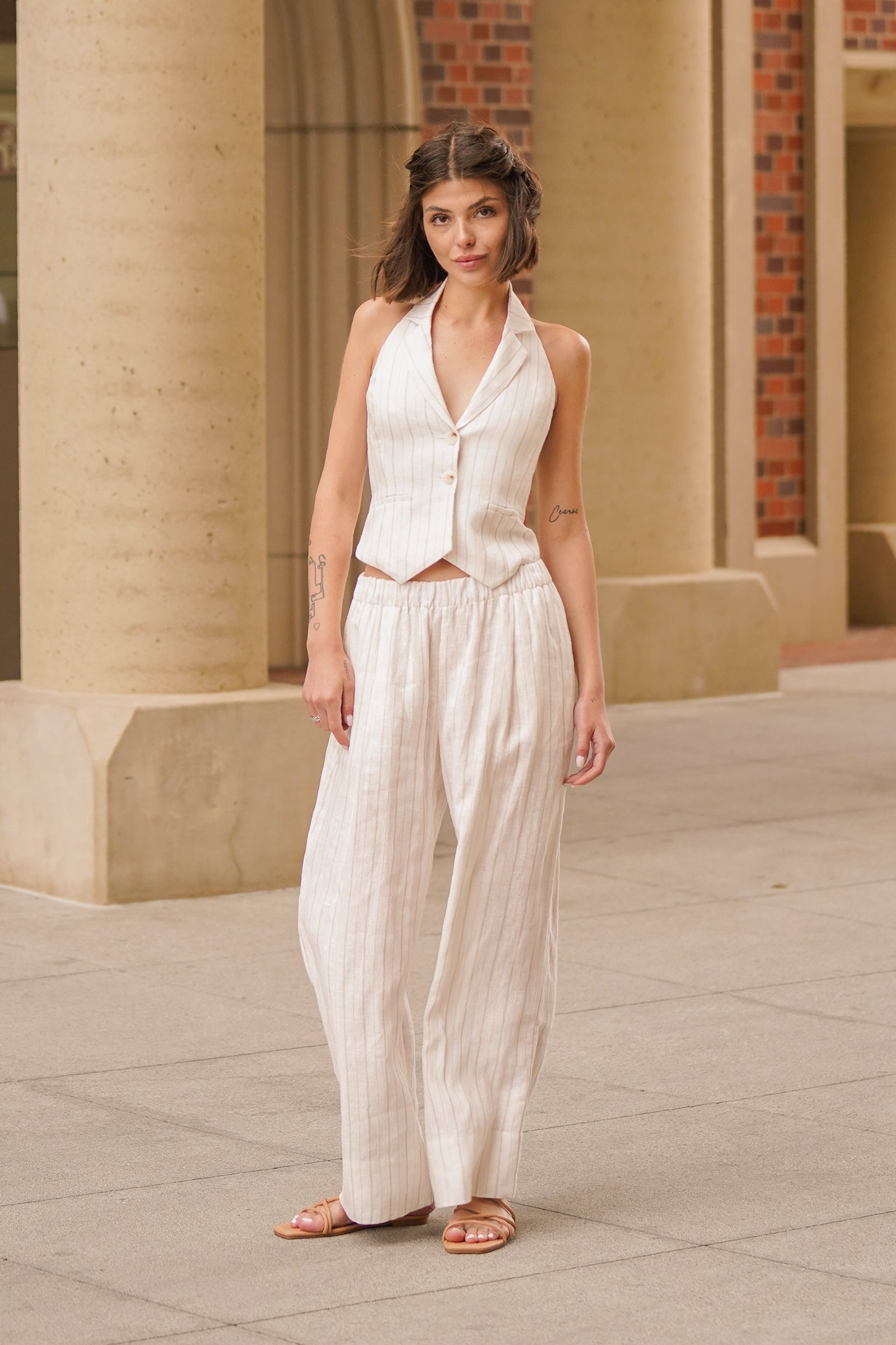 Rhea Wide Leg Linen Pant In Stripe