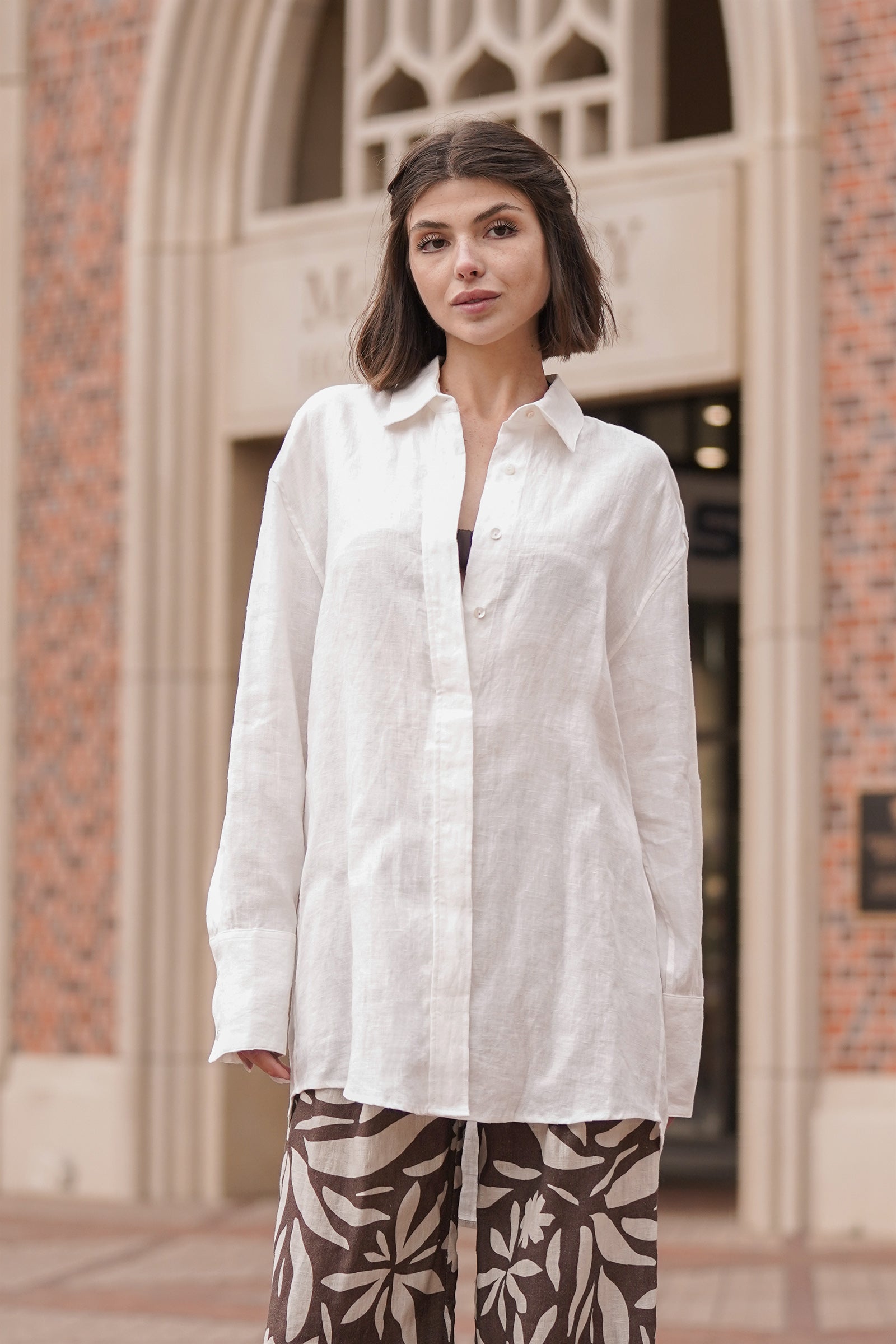 Mia French Linen Twill Oversized Shirt In White