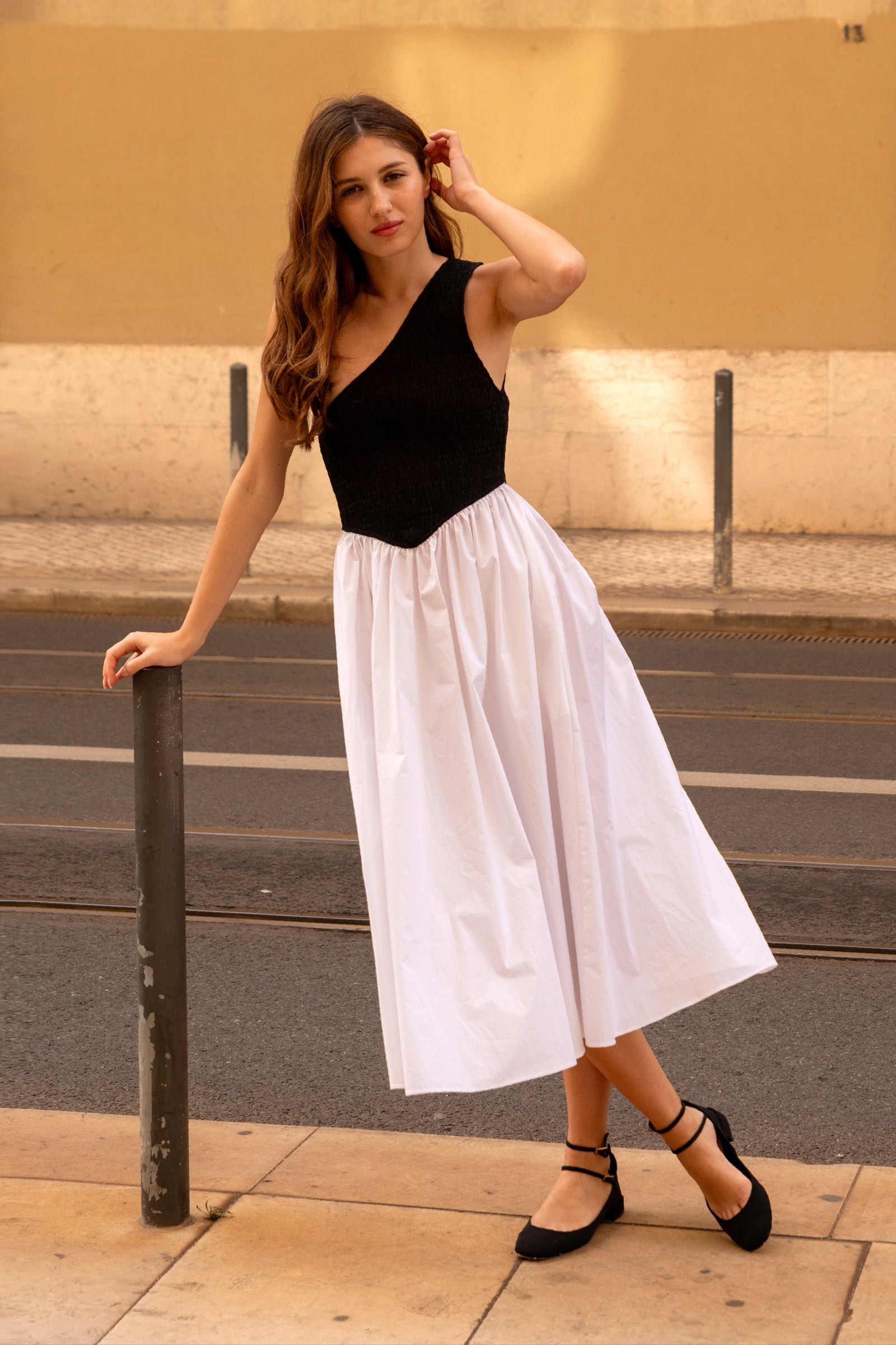 Bianca Smocked One Shoulder Midi Dress In Black And White