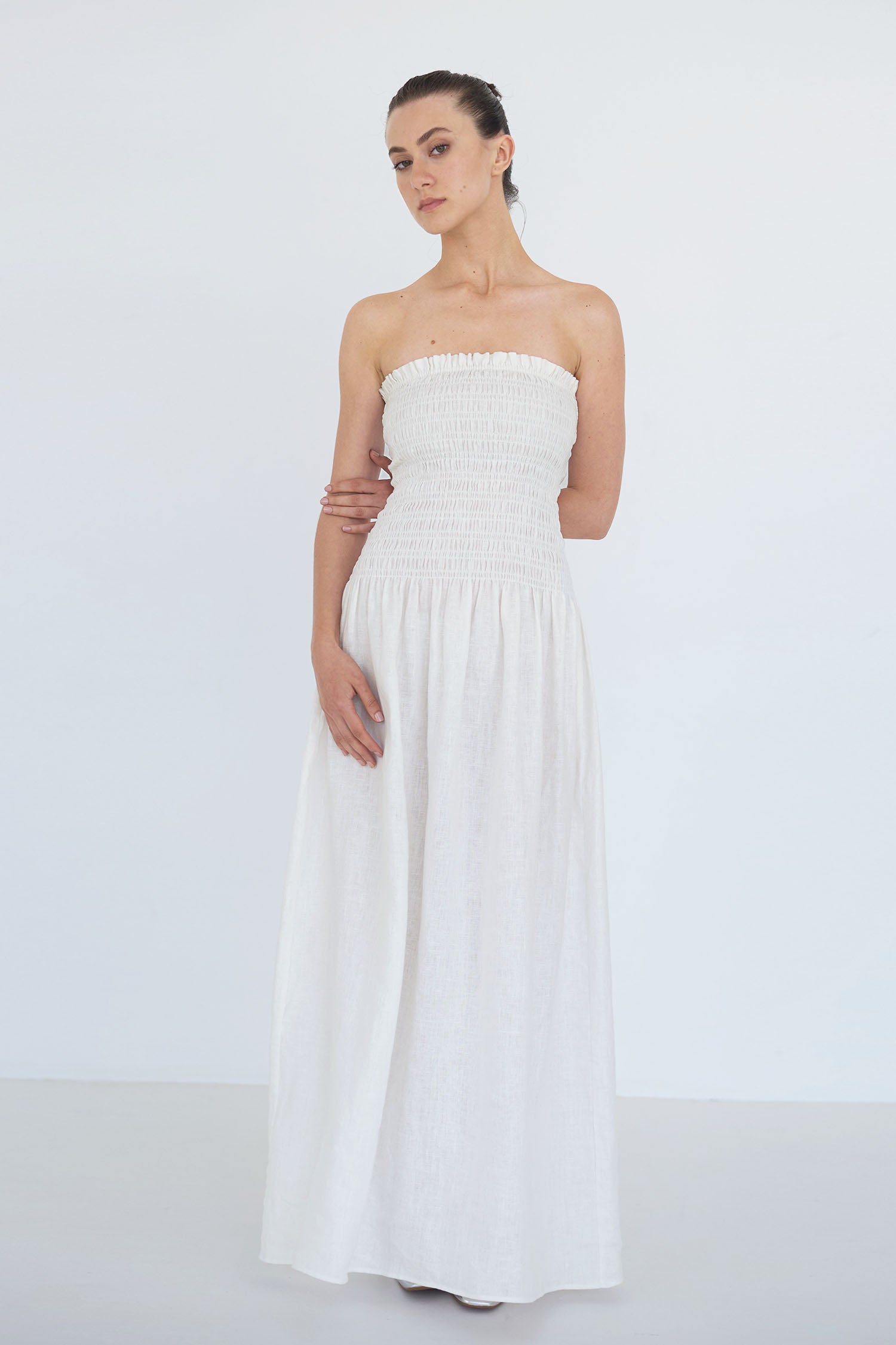 Elle Strapless Smocked Linen Dress