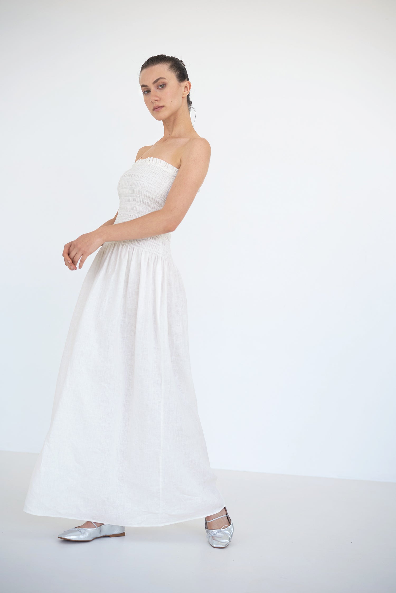 Elle Strapless Smocked Linen Dress