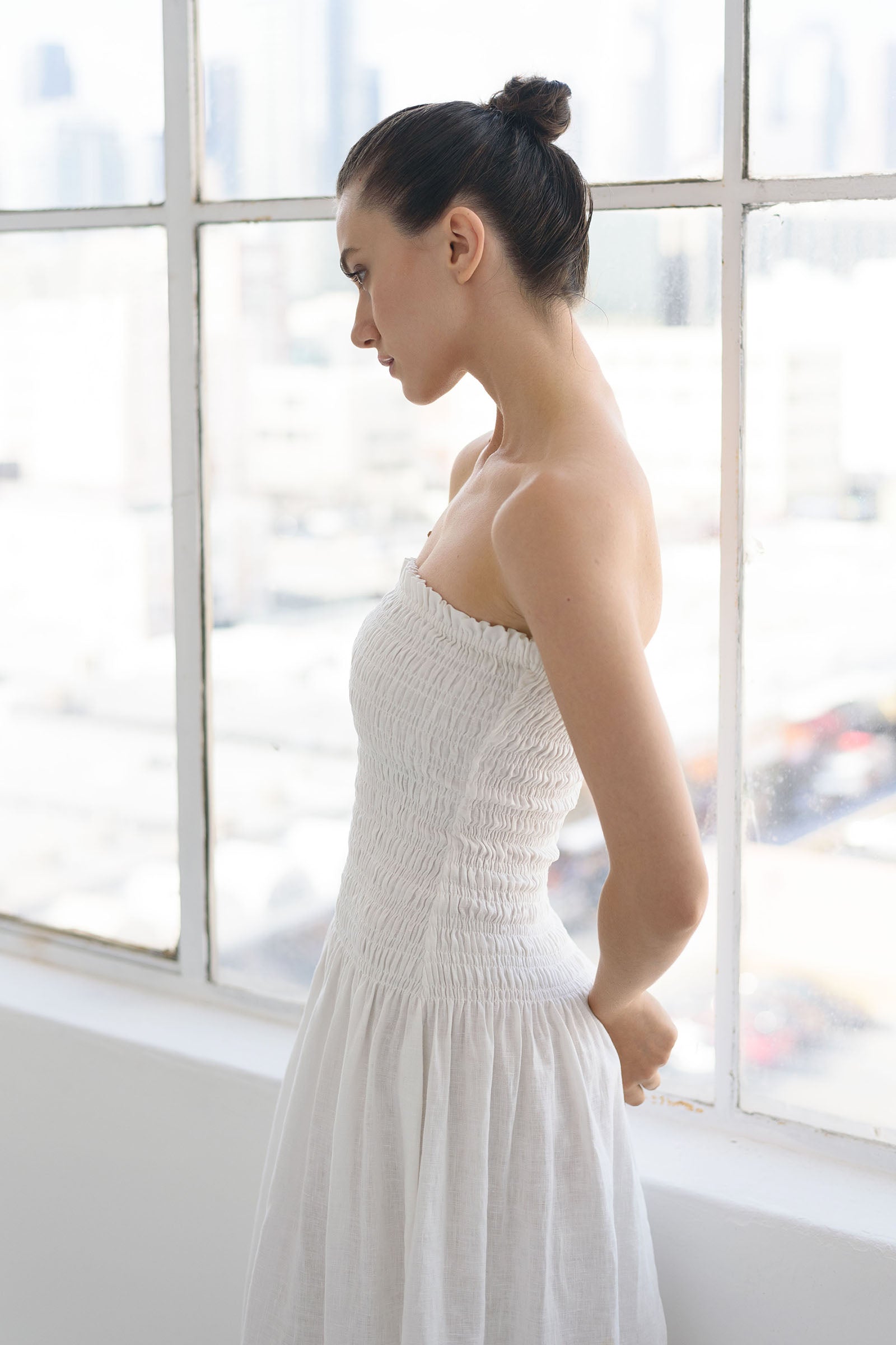 Elle Strapless Smocked Linen Dress