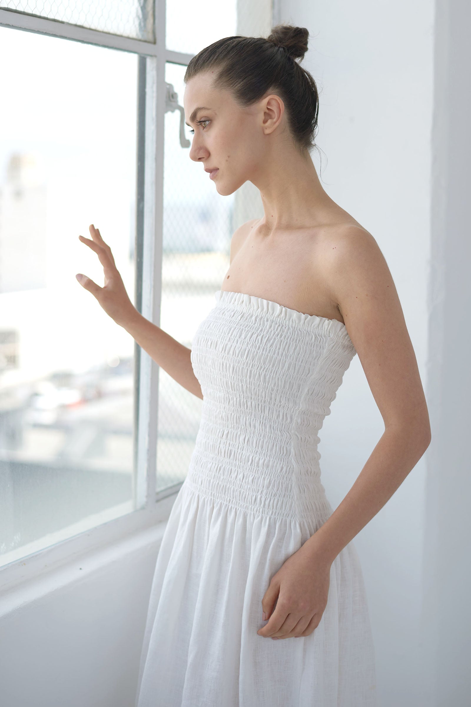 Elle Strapless Smocked Linen Dress