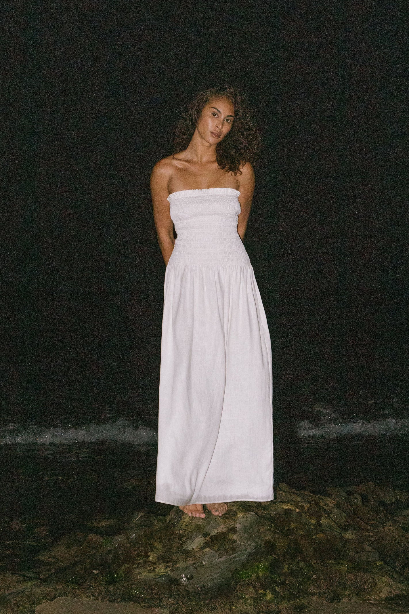Elle Strapless Smocked Linen Dress