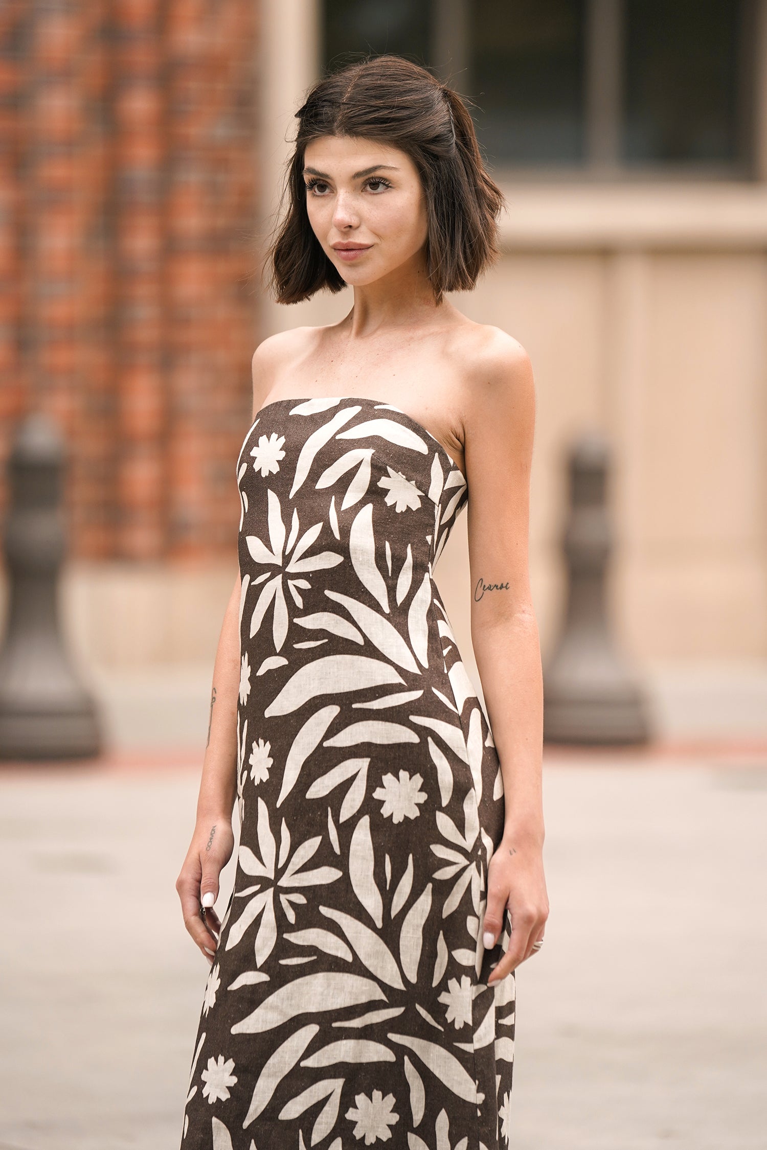 Rhea Strapless Midi Linen Dress In Brown