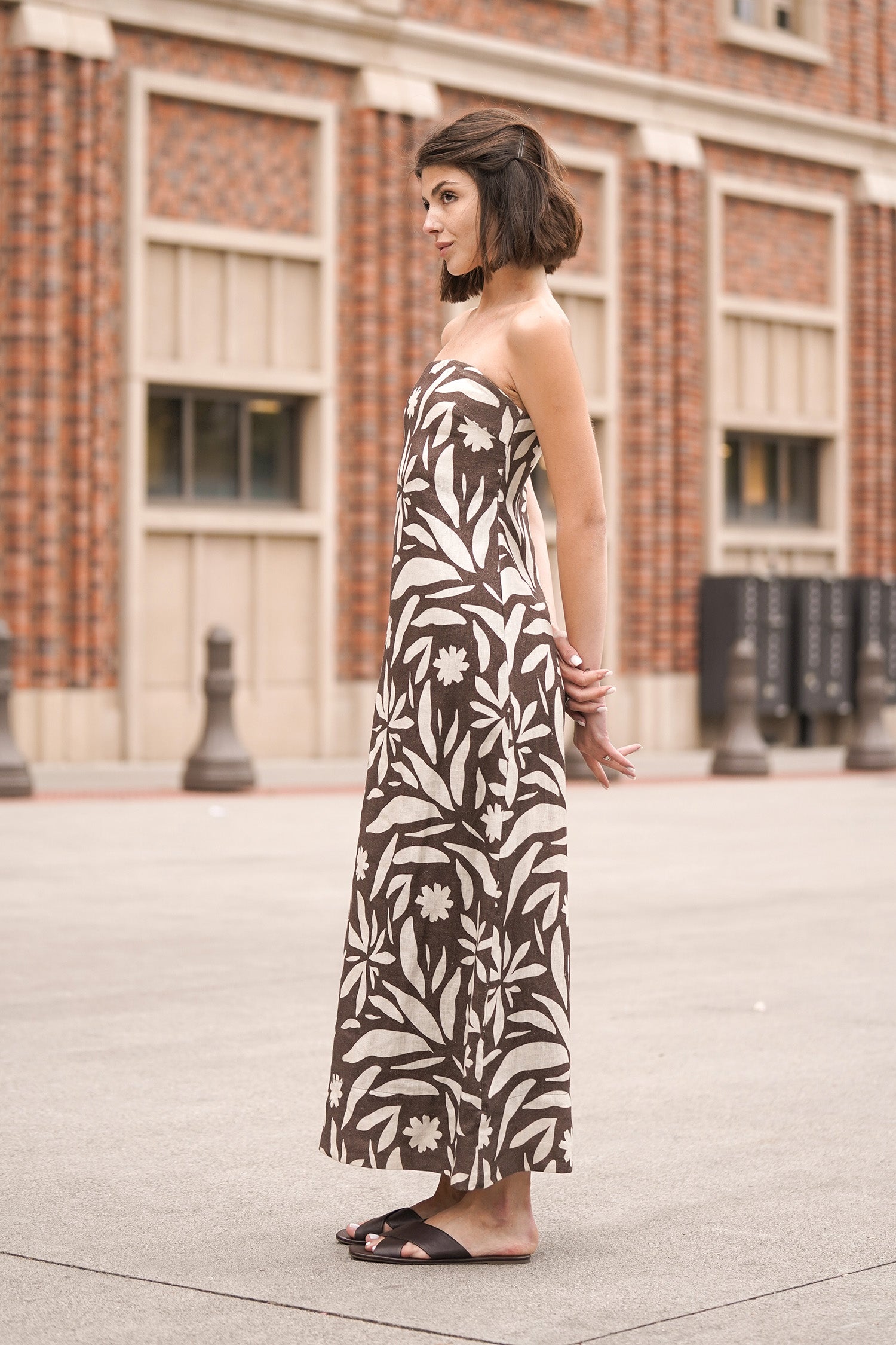 Rhea Strapless Midi Linen Dress In Brown