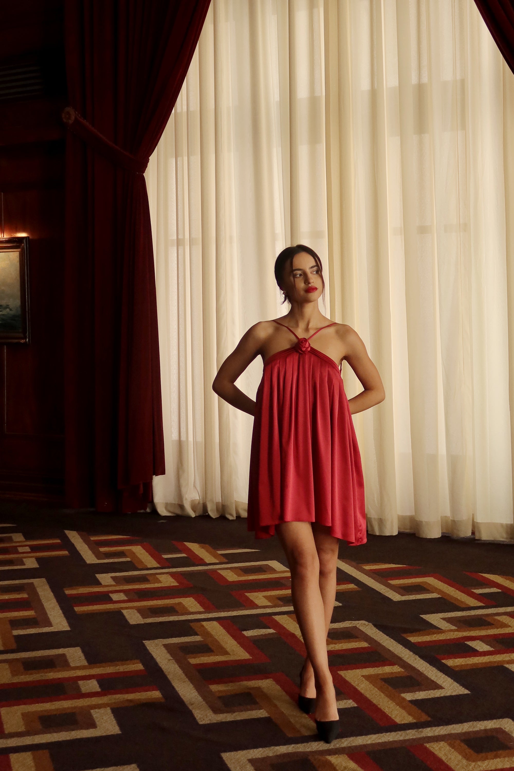 Lily Rosette Silk Mini Dress - Red