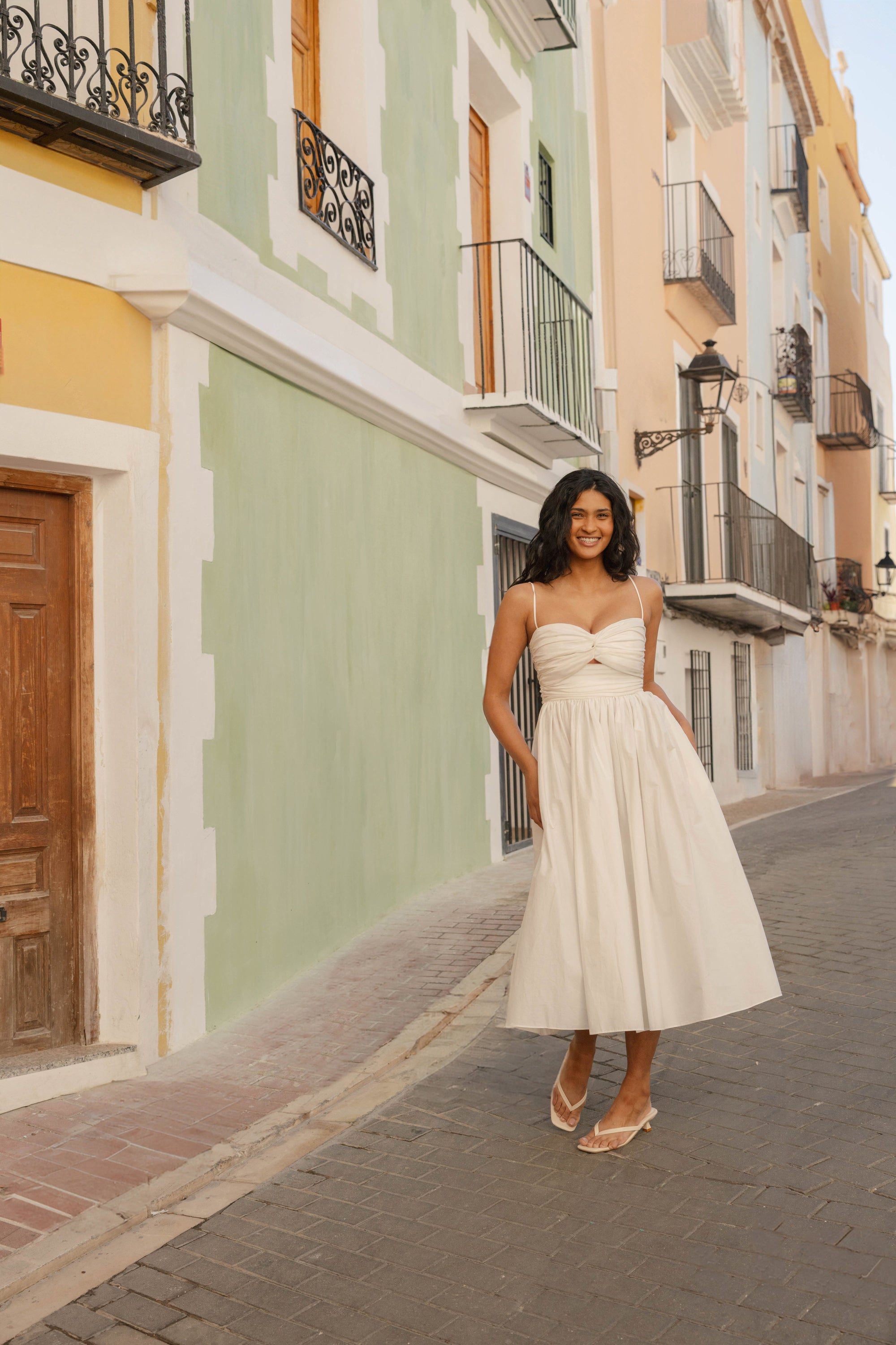 Reverie Twist Front Ruched Cotton Midi Dress