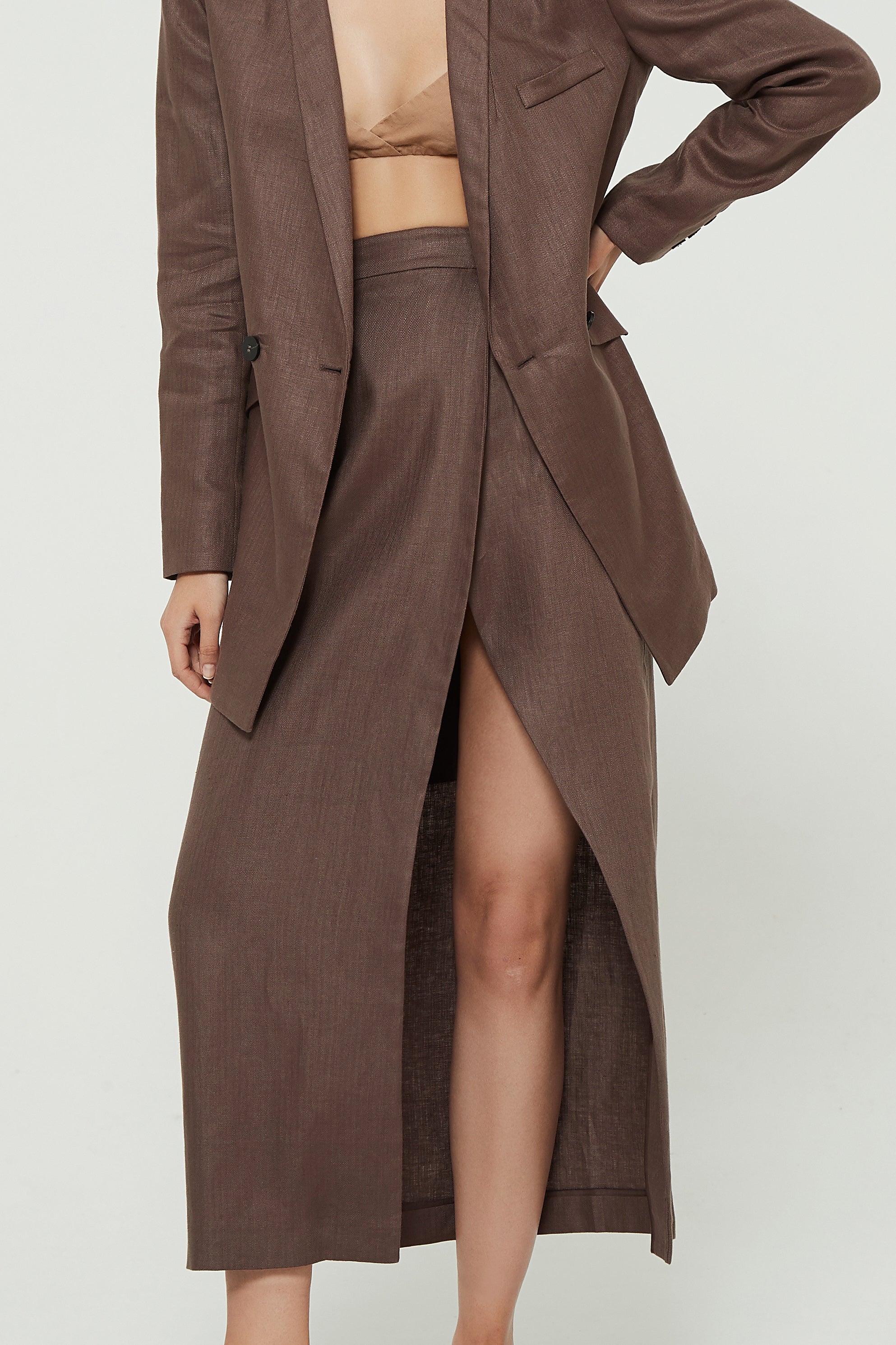 The Herringbone Linen Midi Skirt