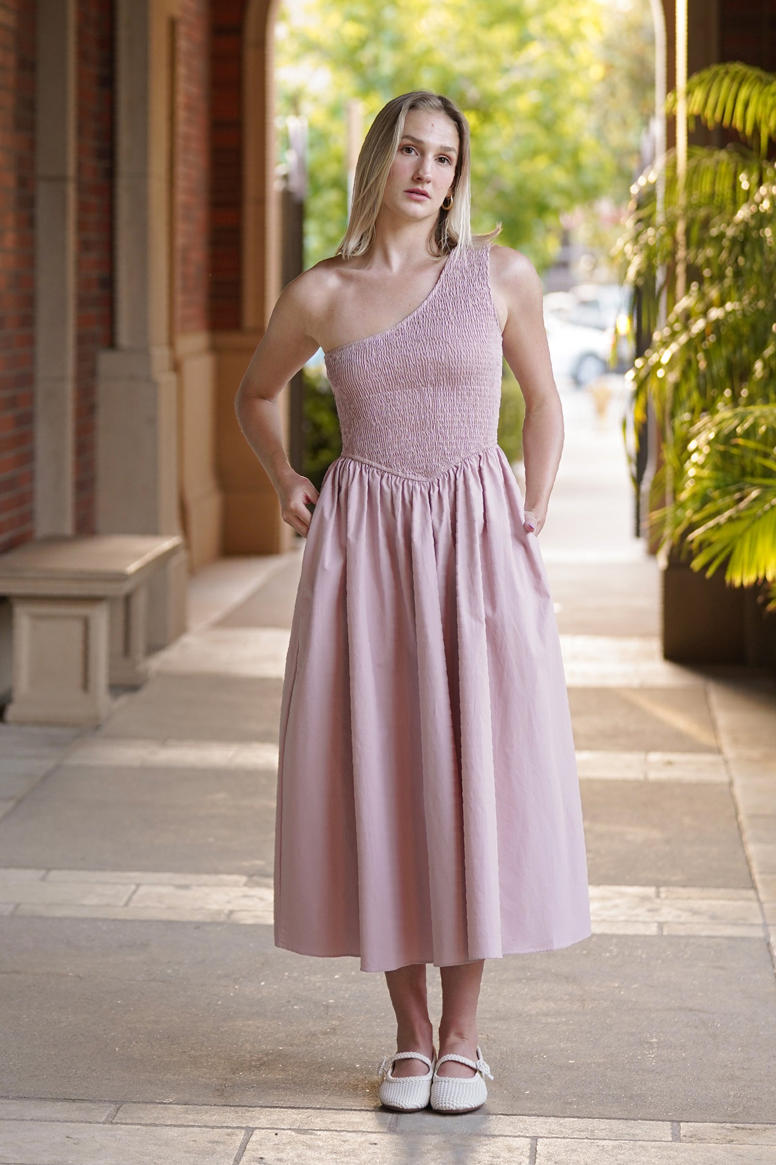 Bianca Smocked One Shoulder Midi Dress In Dusty Pink