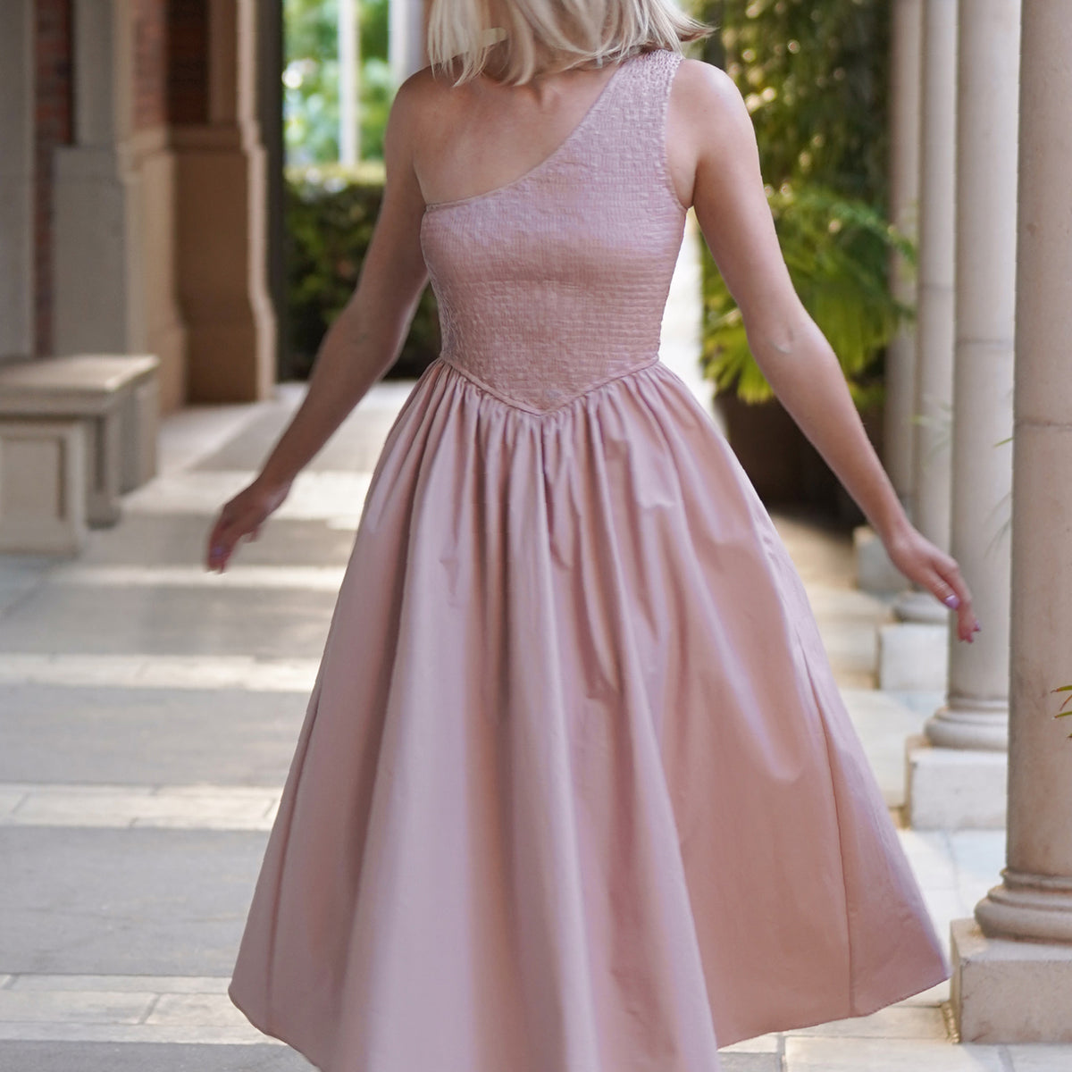 pink one shoulder midi dress Bianca Smocked One Shoulder Midi Dress In Mauve
