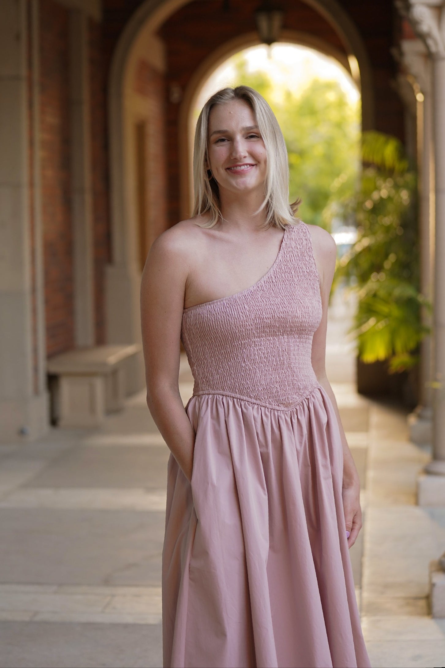 Bianca Smocked One Shoulder Midi Dress In Dusty Pink