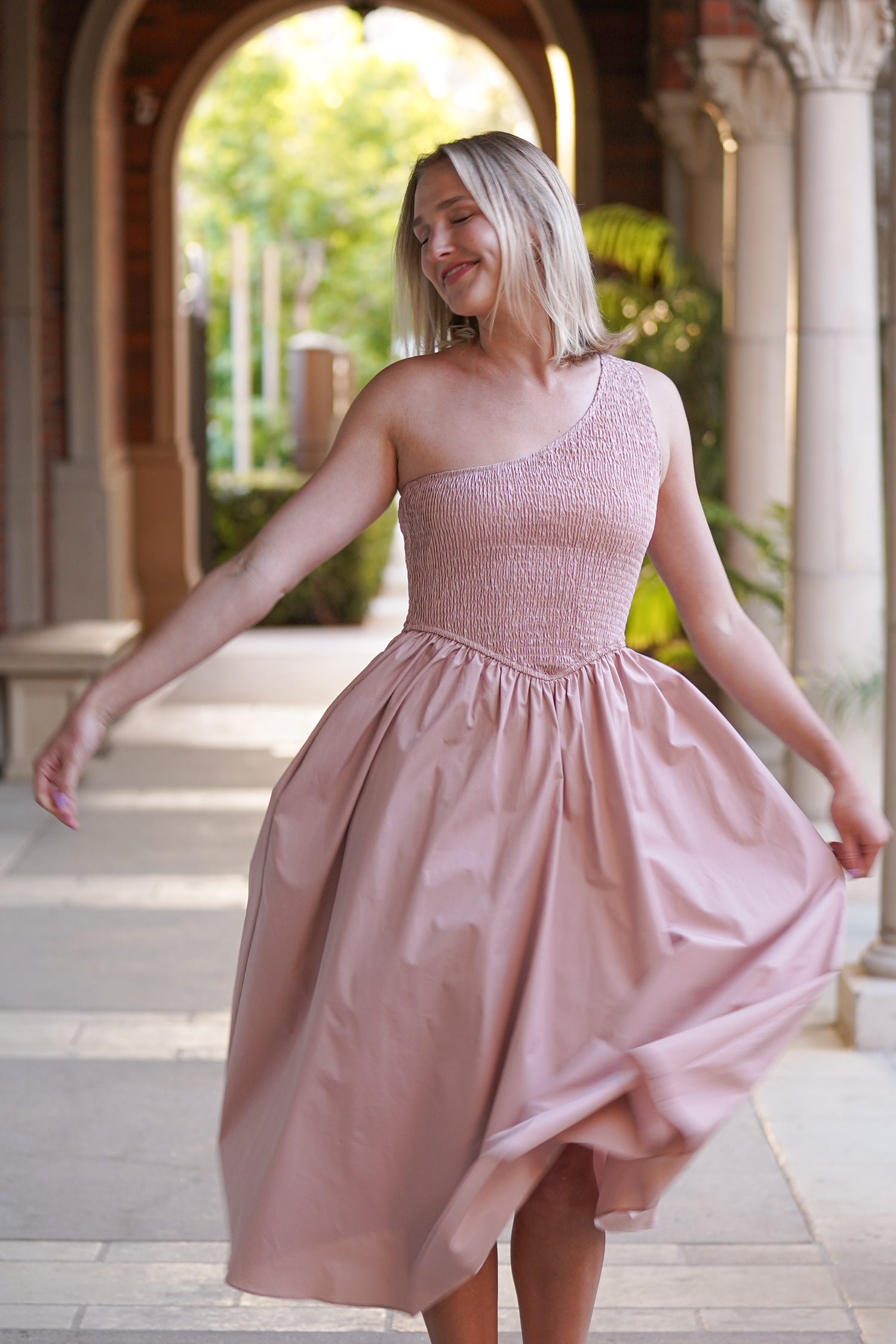Bianca Smocked One Shoulder Midi Dress In Dusty Pink