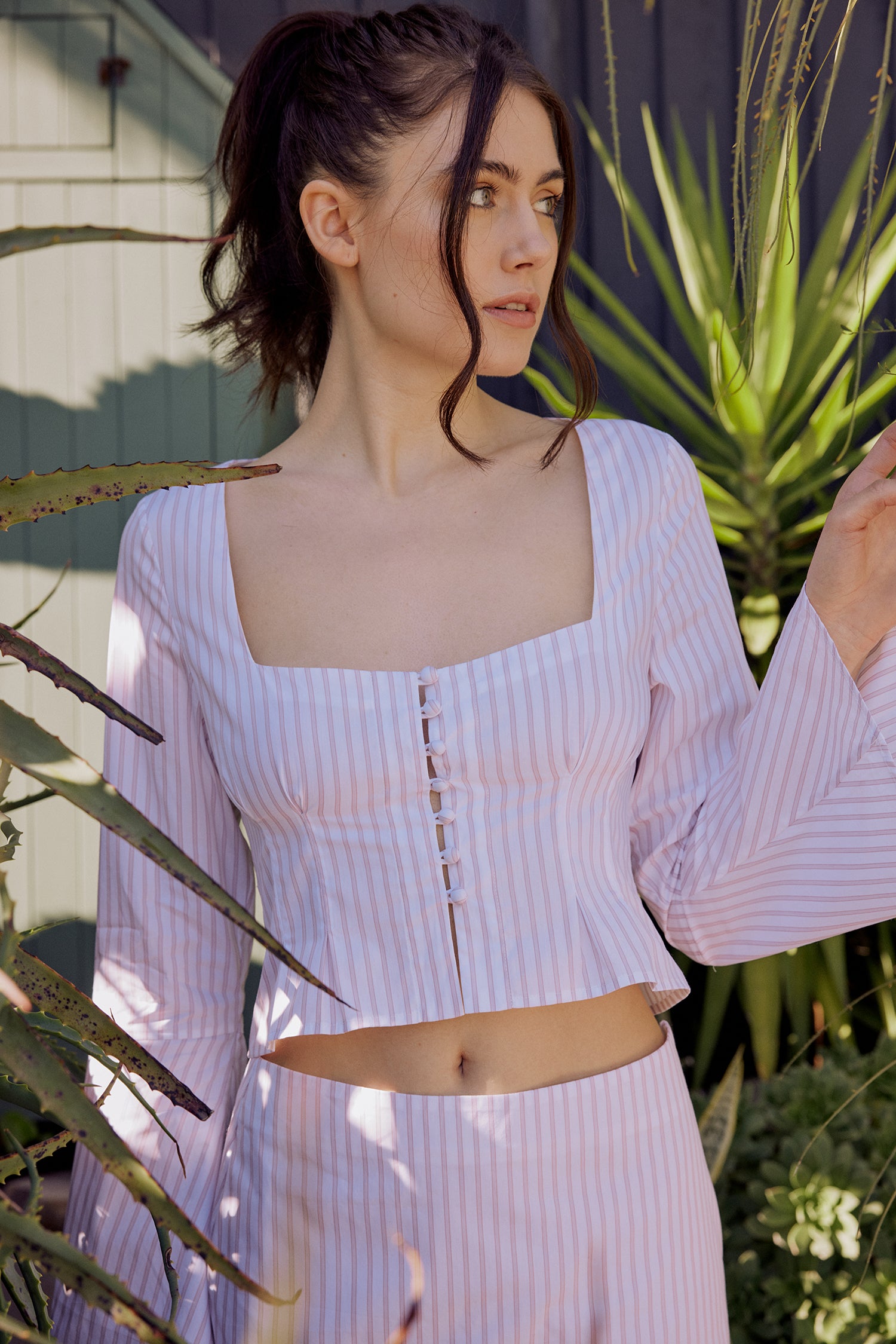 Lea Square Neck Flared Sleeve Top in Pinstripe Cotton