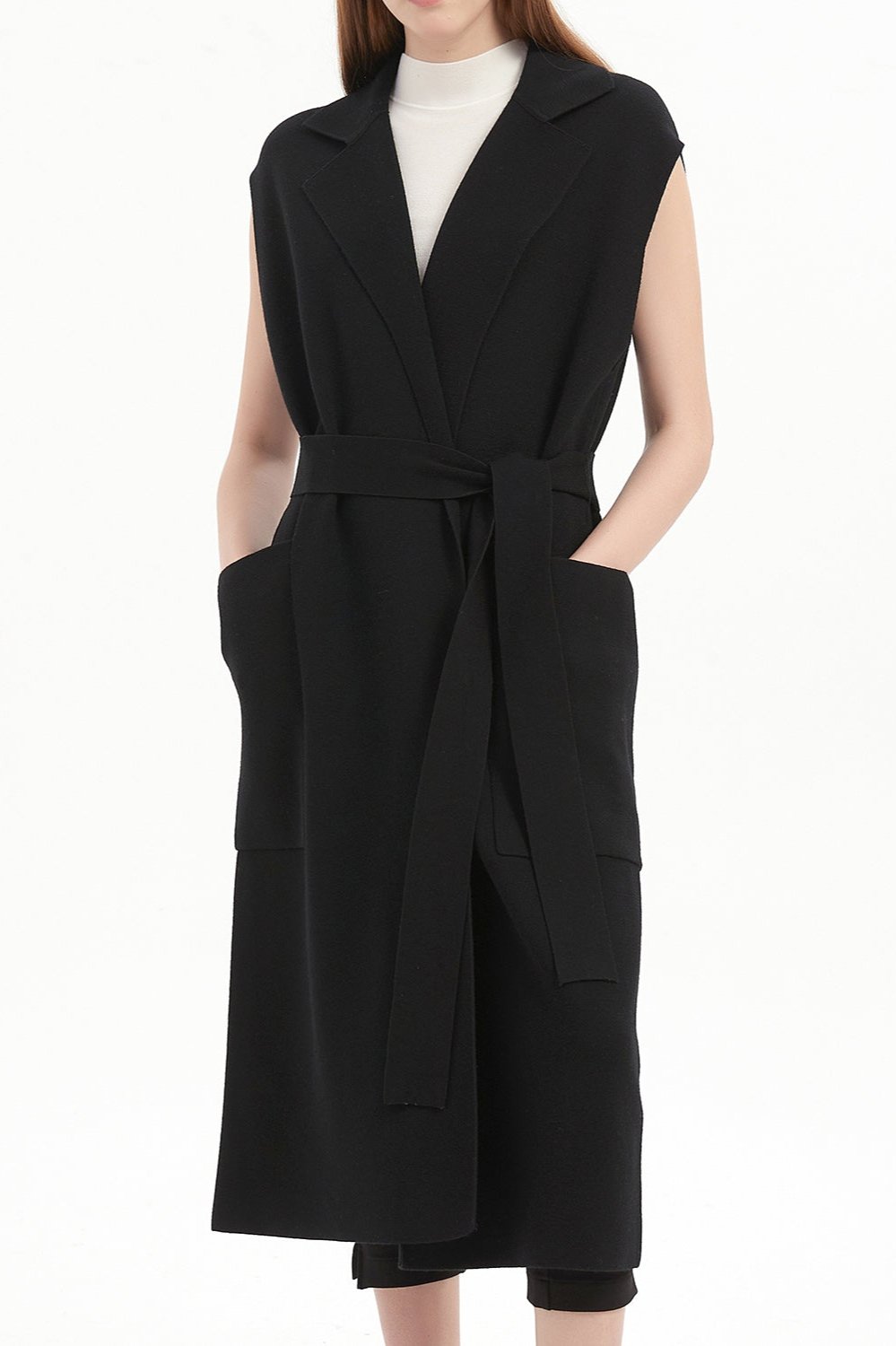 Marlee Merino Wool Long Cardigan Vest - Black