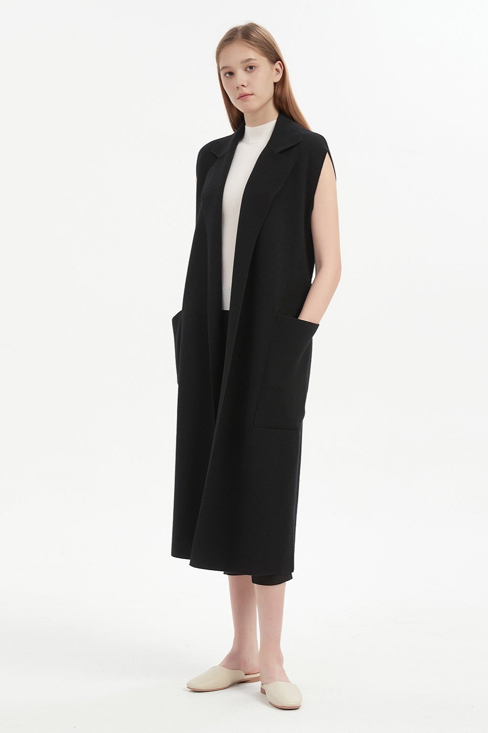 Marlee Merino Wool Long Cardigan Vest - Black