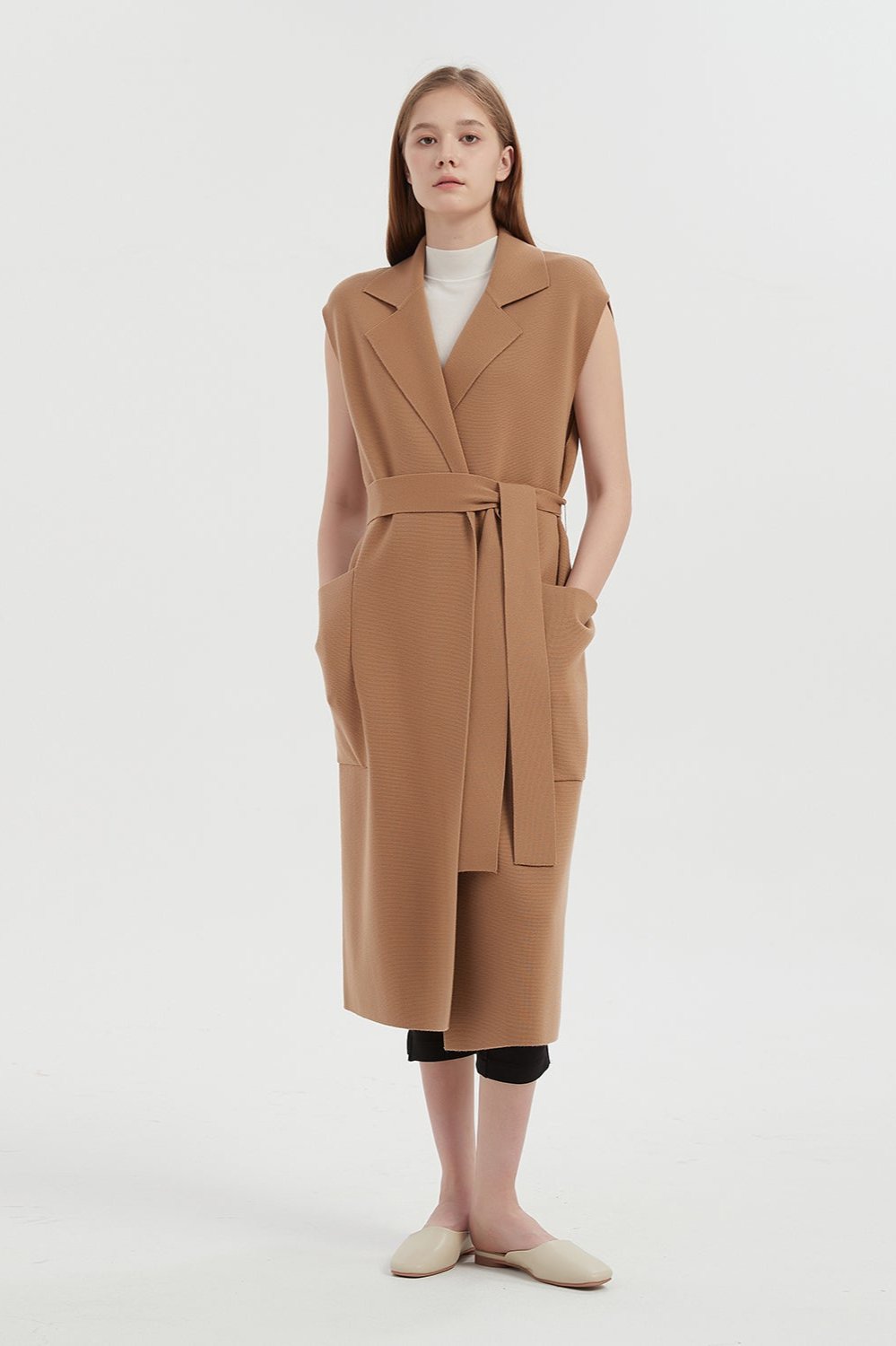 Marlee Merino Wool Long Cardigan Vest - Camel