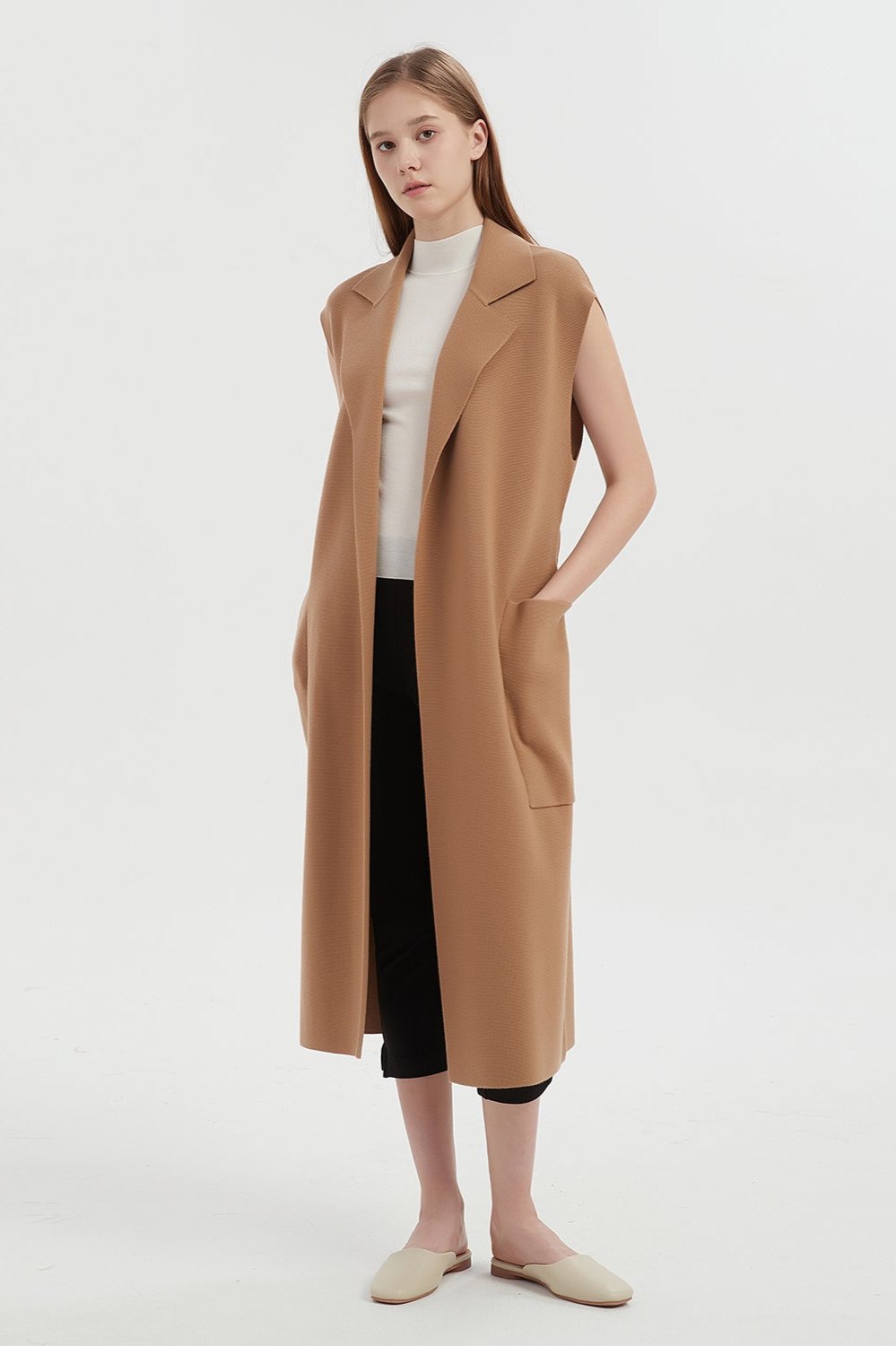 Marlee Merino Wool Long Cardigan Vest - Camel