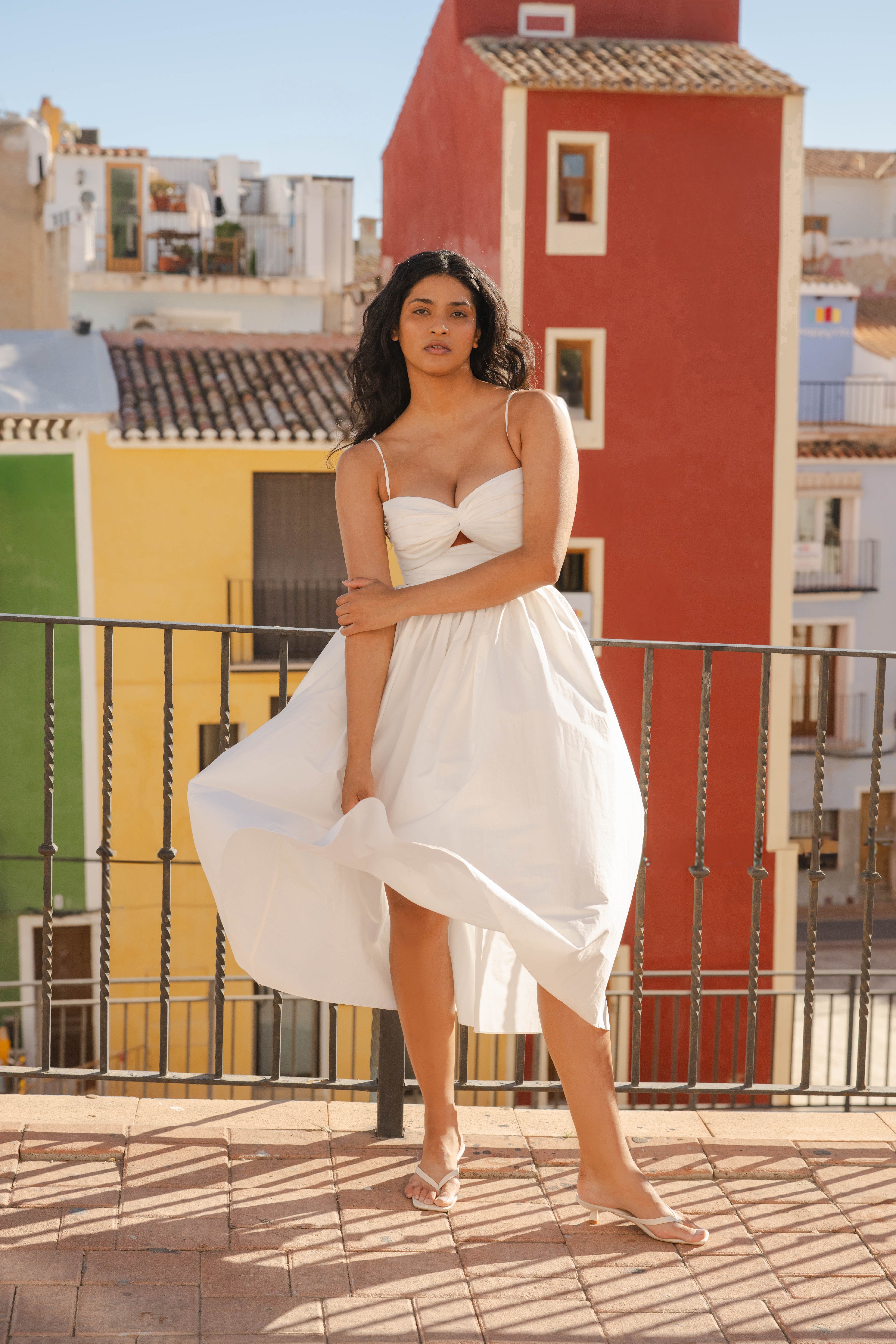 Reverie Twist Front Ruched Cotton Midi Dress