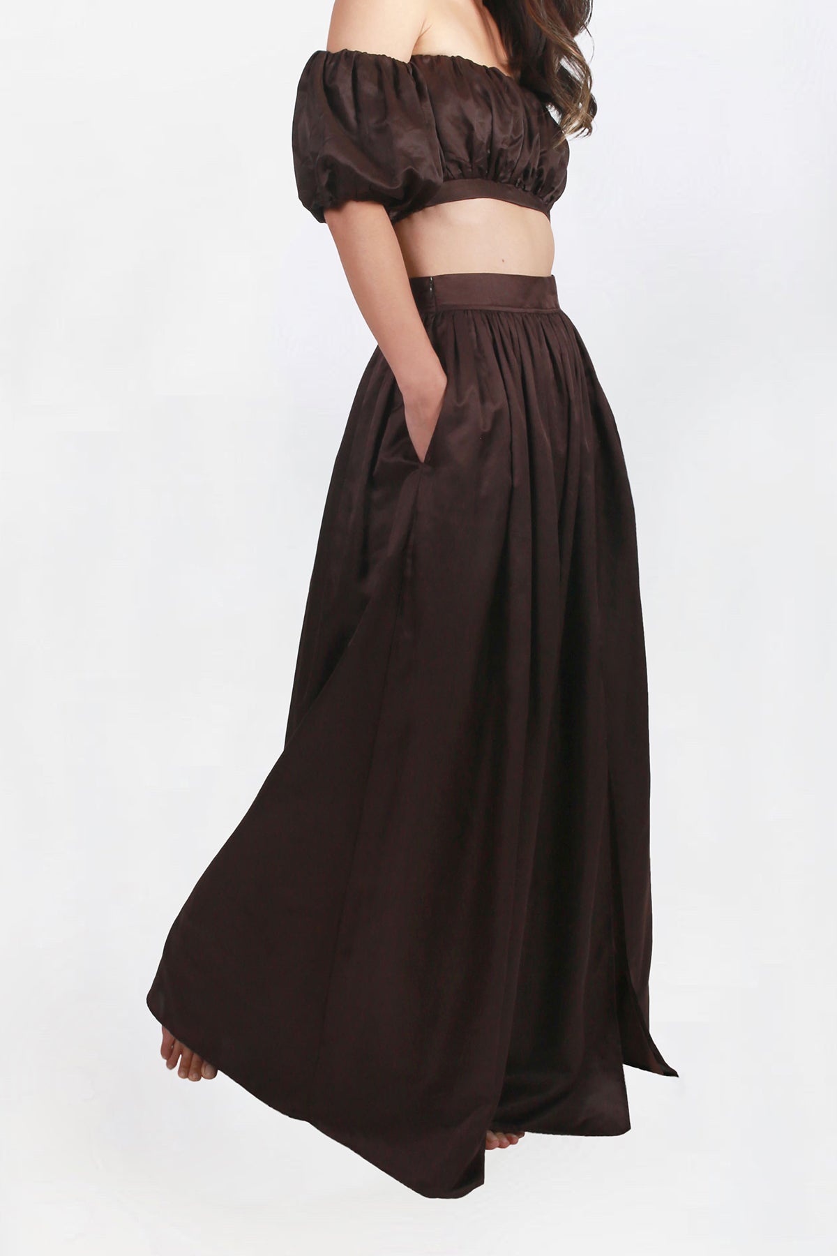 Isabelle Cotton Silk Gathered Skirt - Brown