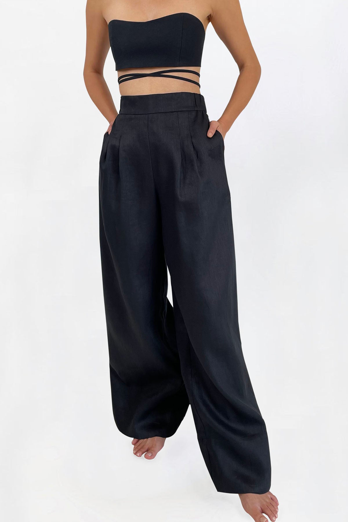 Mia Linen Twill Pleated Wide-leg Pants